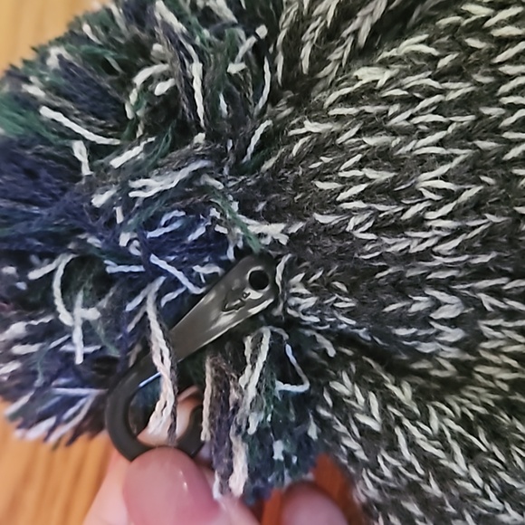 Homage Cable Knit Winter Hat - Variegated gray, navy, green pom pom - Picture 4 of 7